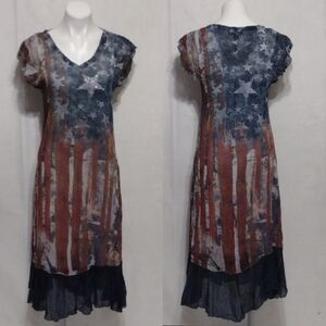 Cal Style USA Flag Print Crinkly Chiffon Midi Dress Rhinestone Star Americana S